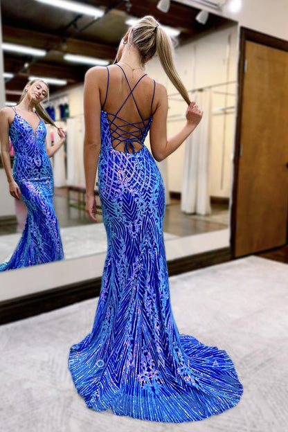 P1958 - Spaghetti Straps V-Neck Sequins Appliques Mermaid Long Prom Formal Dress