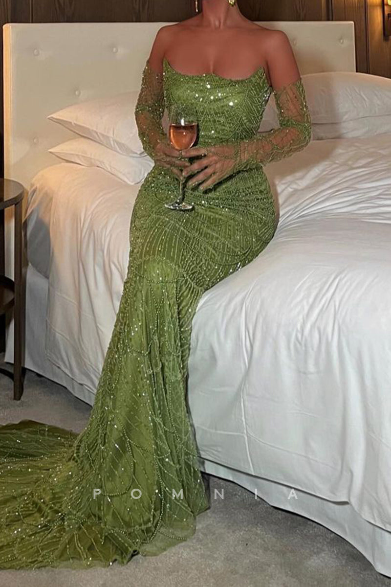 P1970 - Stunning Strapless Scoop Mermaid Bead Embroidery Long Evening Formal Dress