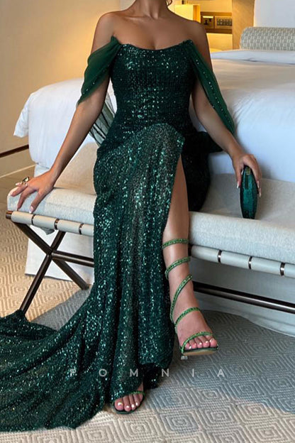 P1971 - Mermaid/Trumpet Strapless Sequined Scoop Long Formal Evening Dress with Slit