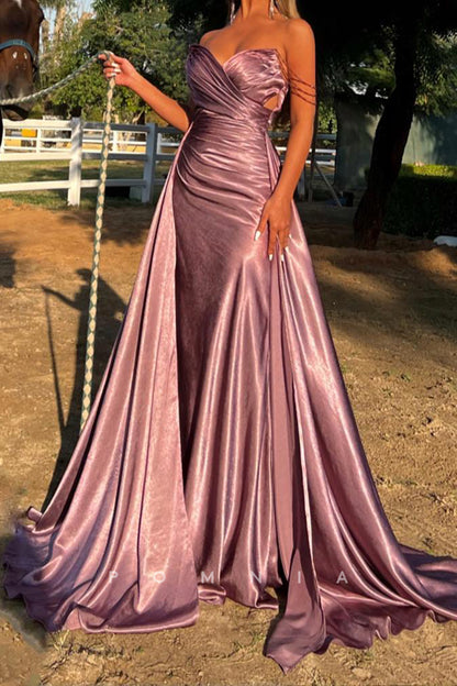 P1974 - Strapless V-Neck Pleated Sleeveless Empire-Waist Long Prom Formal Evening Gown