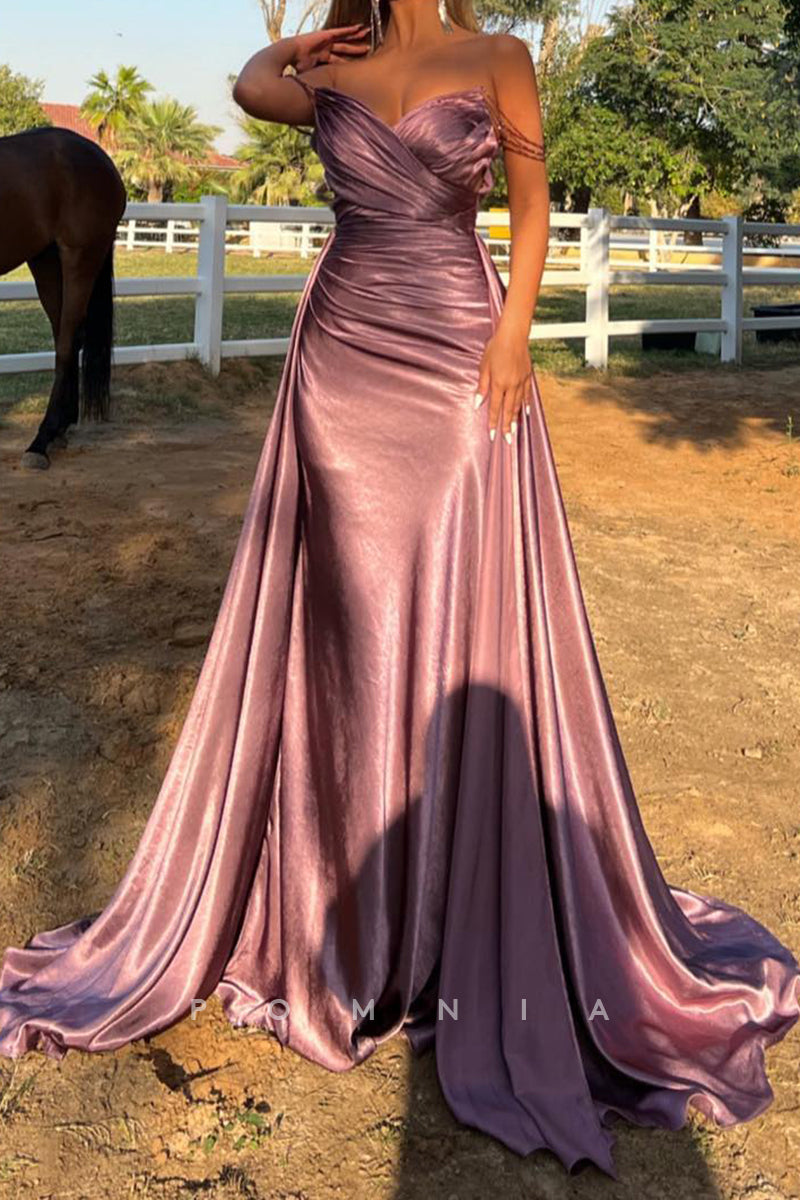 P1974 - Strapless V-Neck Pleated Sleeveless Empire-Waist Long Prom Formal Evening Gown