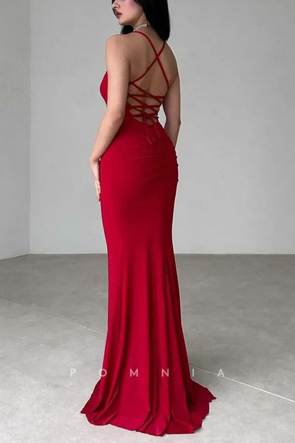 P1984 - Chic Spaghetti Straps Sleeveless Ruched Satin Long Prom Party Formal Dress