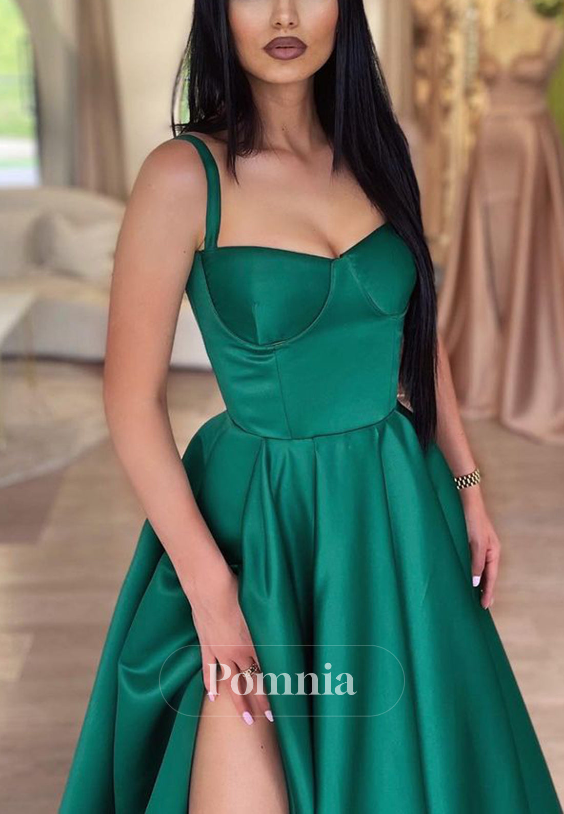 P1995 - A-Line Empire-Waist Straps Sweetheart Pleated Side Slit Satin Long Prom Formal Dress