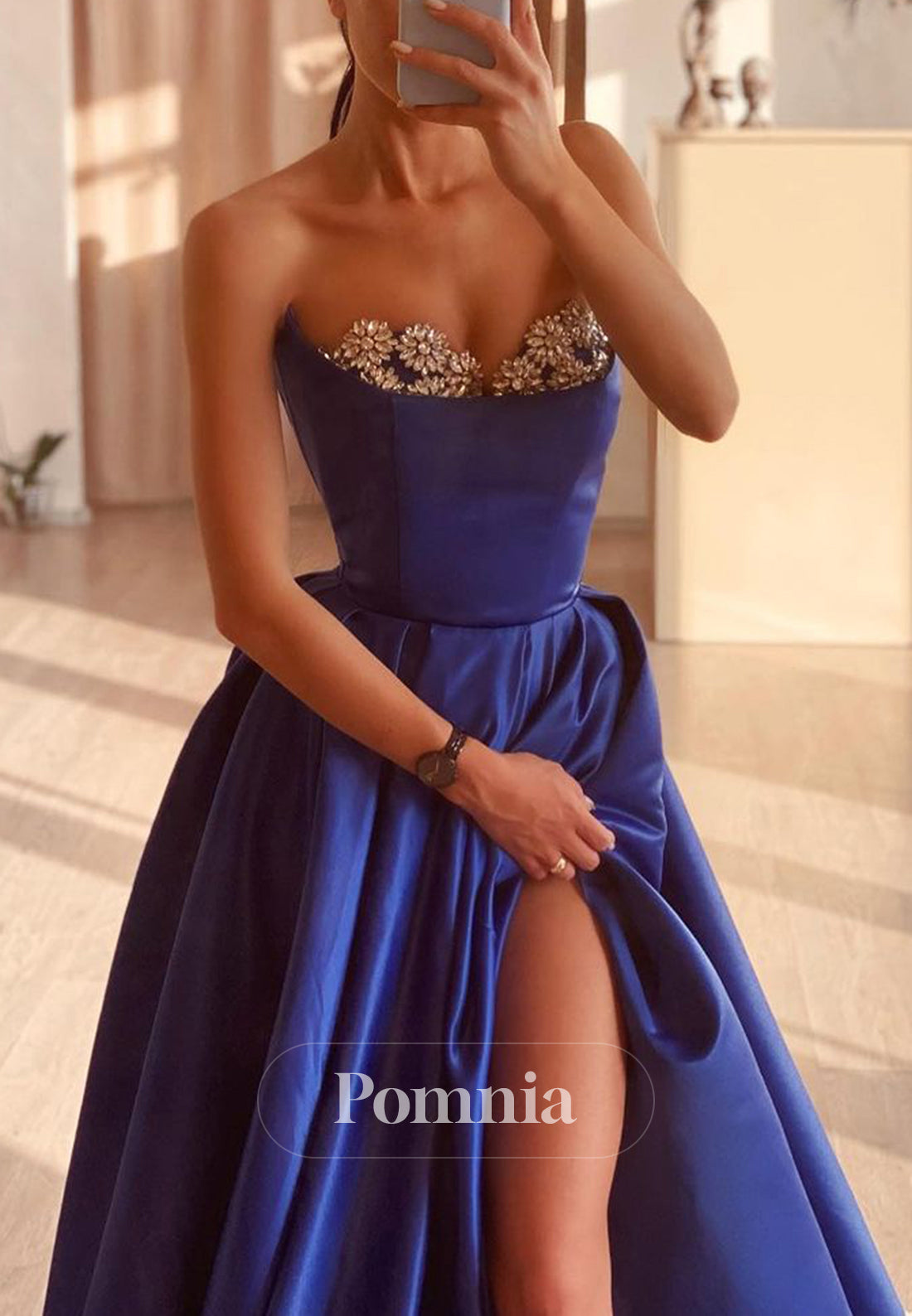 P1997 - A-Line Strapless Empire-Waist Beaded High Split Sleeveless Prom Evening Dress