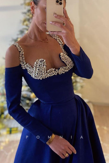 P1999 - A-Line Empire-Waist Beaded Long Sleeves Pleated Long Evening Prom Dress
