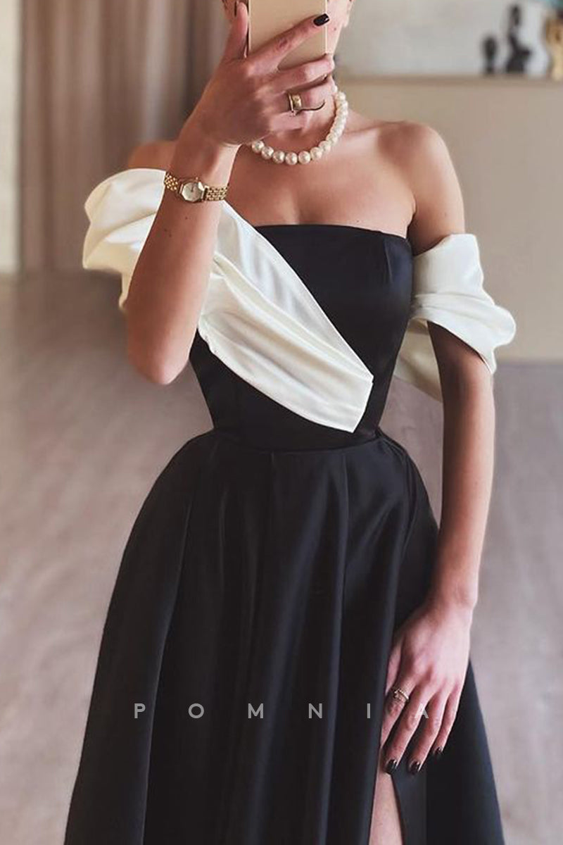 P2001 - A-Line Strapless Cap Sleeves Empire-Waist Pleated High Slit Prom Evening Dress
