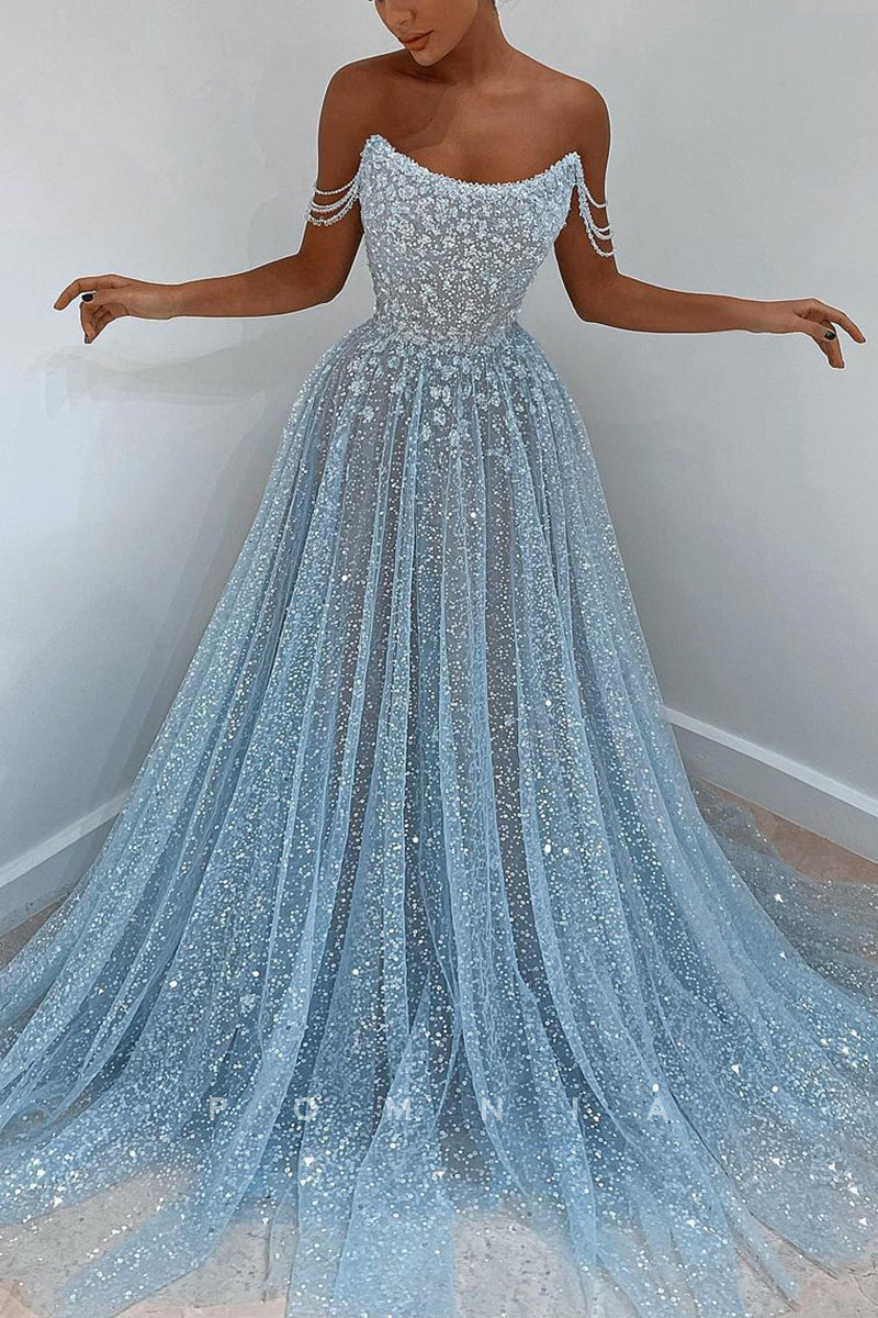 P2052 - Stunning Off-Shoulder Beaded A-Line Empire-Waist Glitter Prom Evening Formal Gown