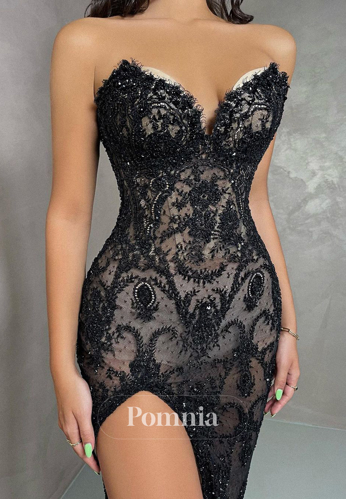 P2055 - Off Shoulder Sweetheart Lace High Slit Sleeveless Prom Evening Formal Dress