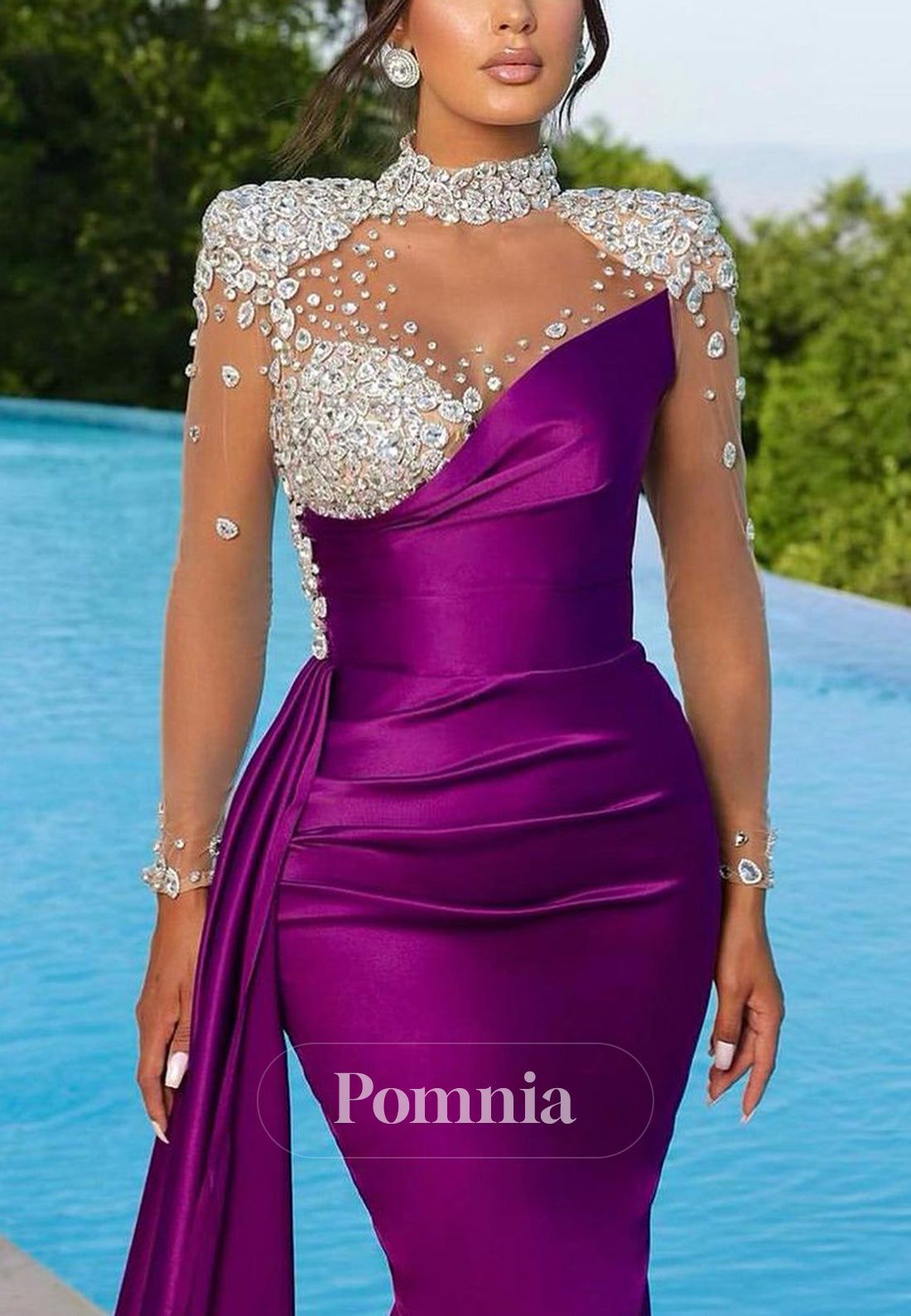 P2071 - Flattering Mermaid Beaded Pleated Long Sleeves Satin Long Prom Evening Dress