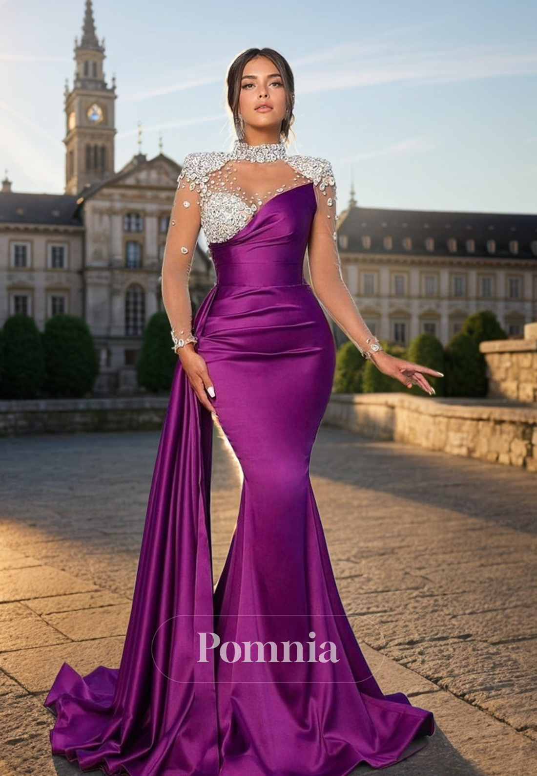 P2071 - Flattering Mermaid Beaded Pleated Long Sleeves Satin Long Prom Evening Dress