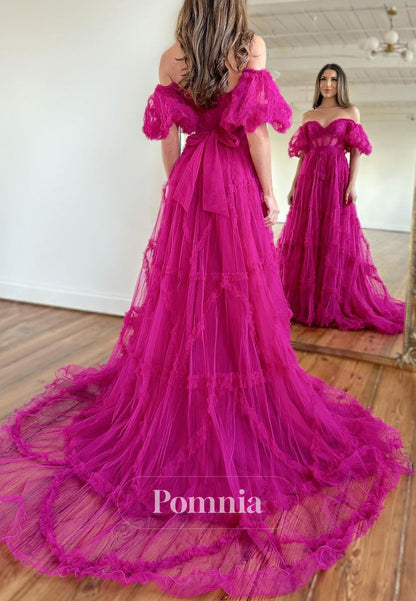 P2093 - A-Line Empire-Waist Strapless Ruched Tulle Puff Sleeves Long Prom Formal Dress