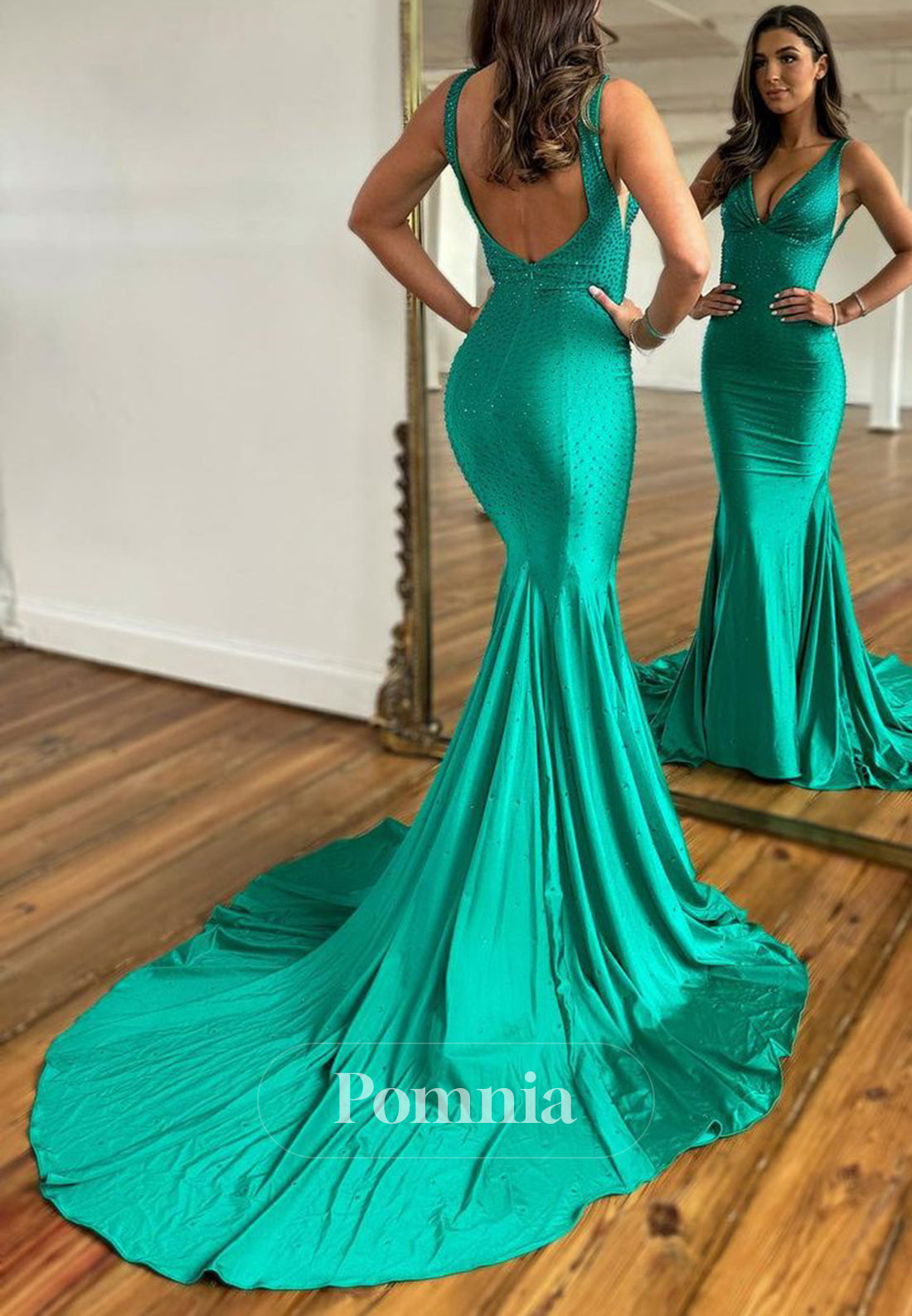 P2097 - Mermaid V-Neck Pleated Rhinestone Long Prom Party Formal Dress with Train