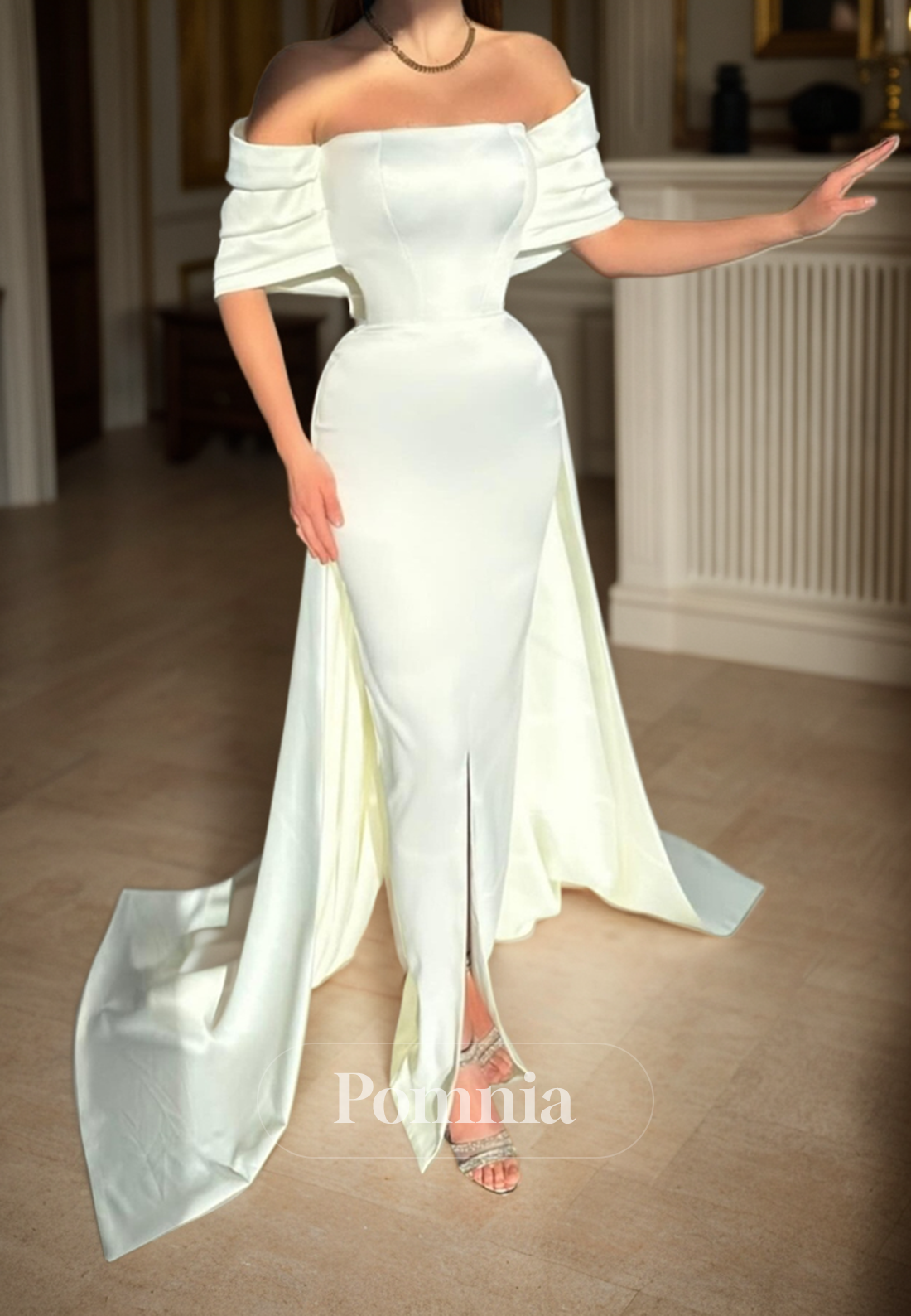 Elegant Strapless Cap Sleeves Empire-Waist Pleated Long Evening Formal Dress