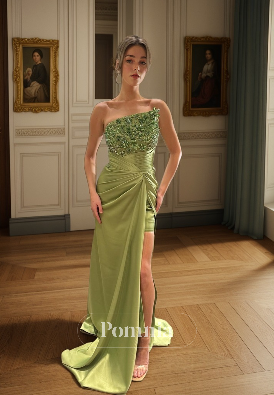 Sheath/Column Strapless Beaded Empire-Waist Pleated Long Prom Evening Dress
