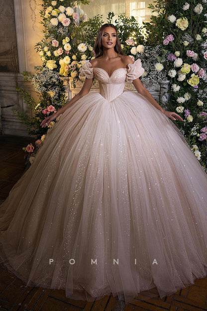 P3014 - Ball Gown Pleated Strapless V-Neck Tulle Glitter Boho Wedding Dress