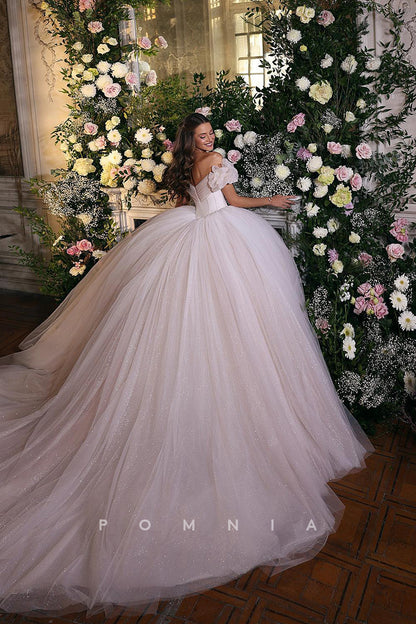 P3014 - Ball Gown Pleated Strapless V-Neck Tulle Glitter Boho Wedding Dress