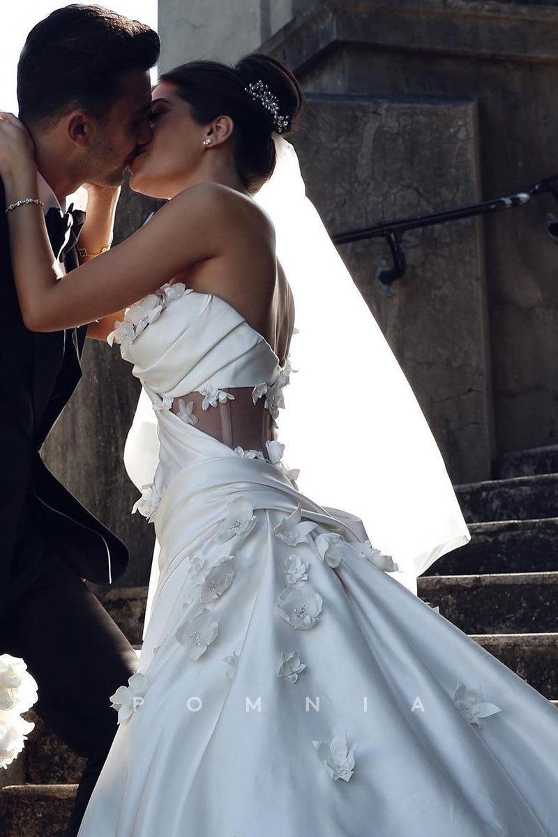 P3061 - Striking One Shoulder Appliques Pleated Sleeveless Bohemian Wedding Dress