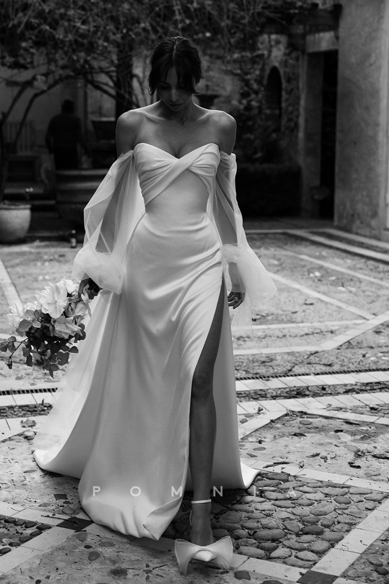 P3062 - Classy Strapless Long Sleeves Simple High Split Bohemian Wedding Dress