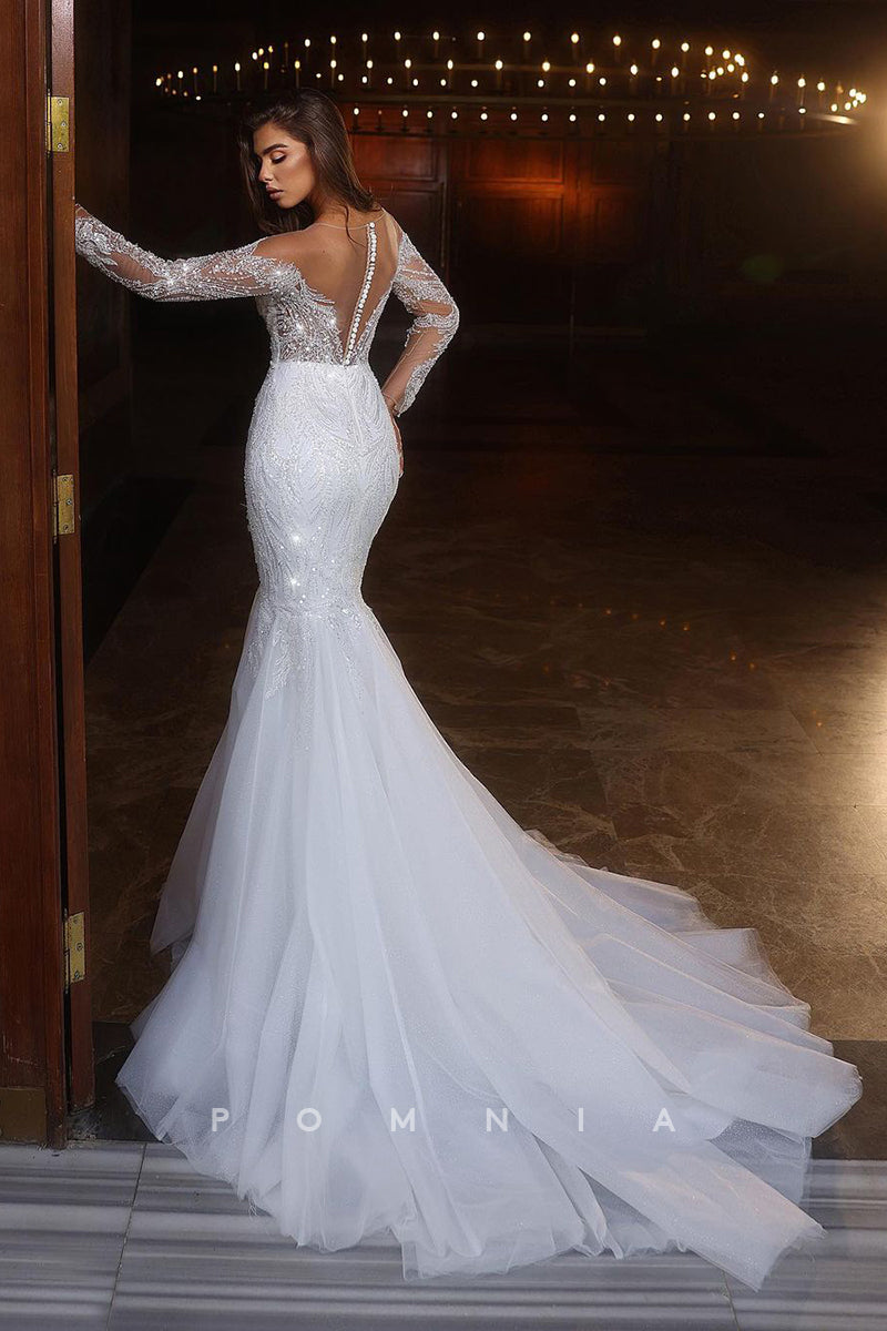 P3078 - Mermaid Illusion V-Neck lace Appliques Long Sleeves Tulle Bohemian Wedding Dress