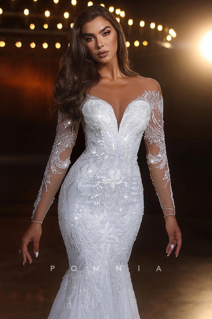 P3078 - Mermaid Illusion V-Neck lace Appliques Long Sleeves Tulle Bohemian Wedding Dress