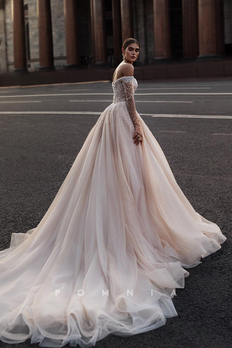 P3079 - A-Line Strapless Long Sleeves Beaded Pleated Empire-Waist Long Beach Wedding Gown