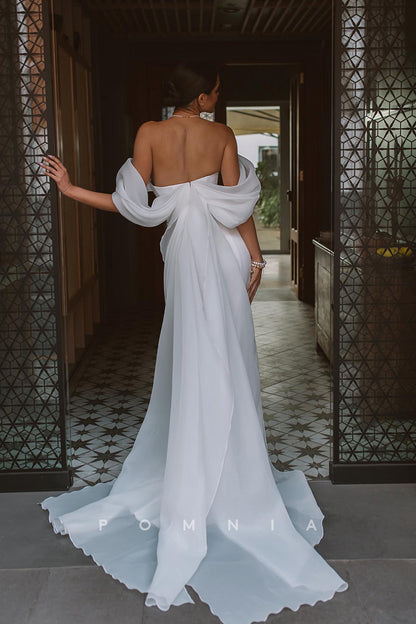 P3086 - Classy&Chic  Strapless Cap Sleeves Pleats  Mermaid Long Beach Wedding Dress