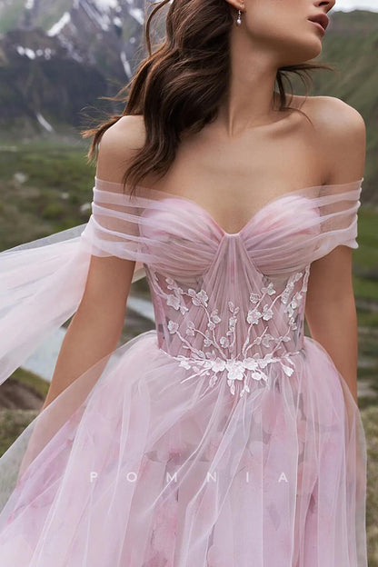 P3173 - A-Line Strapless Empire-Waist Flower Rucedh Tulle Long Beach Wedding Dress