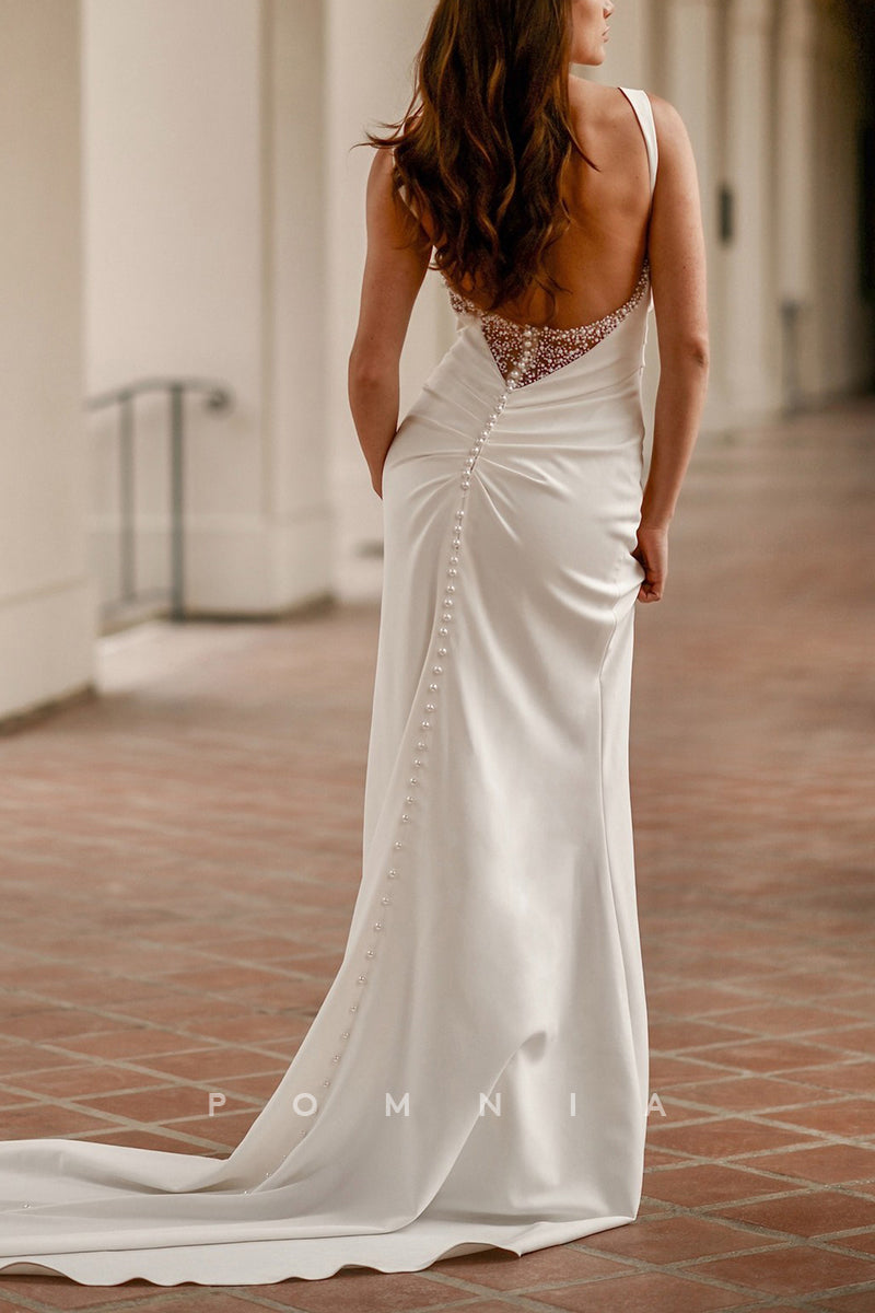 P3211 - Mermaid Straps Sleeveless Pleated Side Slit Long Beach Wedding Dress