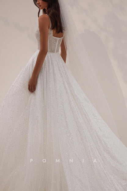P3214 - A-Line Empire-Waist Sleeveless Sparkly Tulle Long Beach Wedding Dress