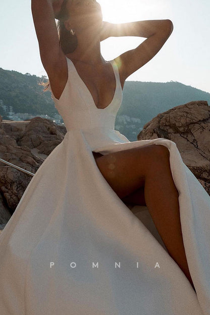 P3215 - A-Line V-Neck Sleeveless Empire-Waist Satin Long Beach Wedding Dress