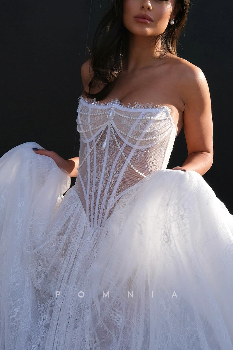 P3216 - A-Line Strapless Empire-Waist Lace Sleeveless Long Bohemian Wedding Dress