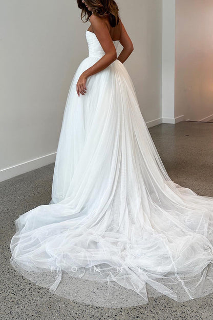 P3218 - A-Line Strapless Sleeveless Empire-Waist Tulle Long Beach Wedding Dress