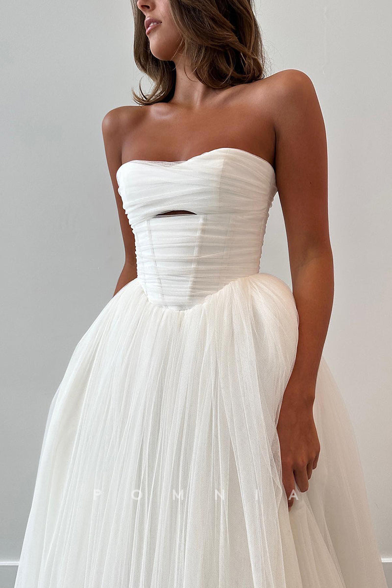 P3218 - A-Line Strapless Sleeveless Empire-Waist Tulle Long Beach Wedding Dress