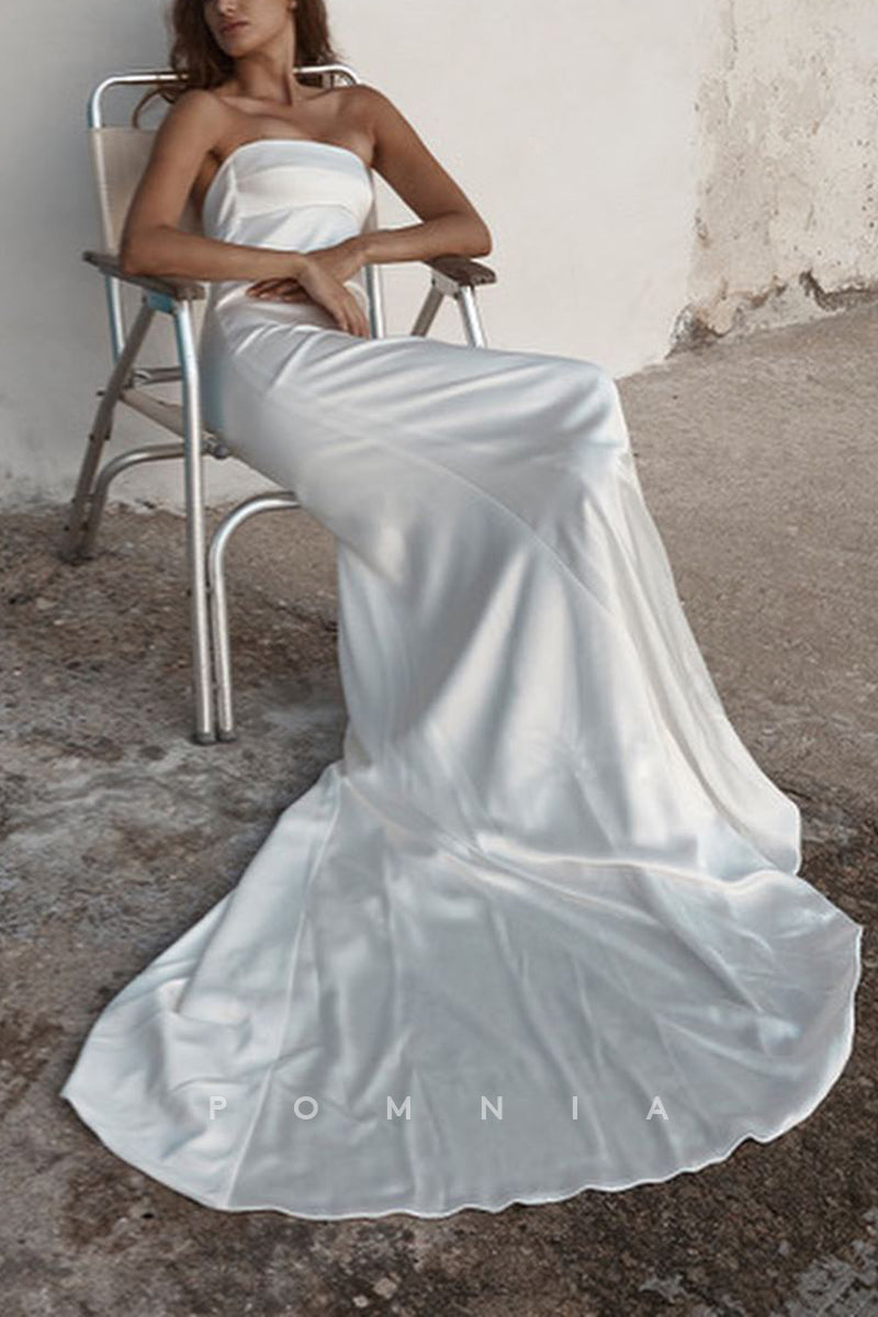 P3221 - Mermaid/Trumpet Strapless Sleeveelss Pleated Satin Long Beach Wedding Dress