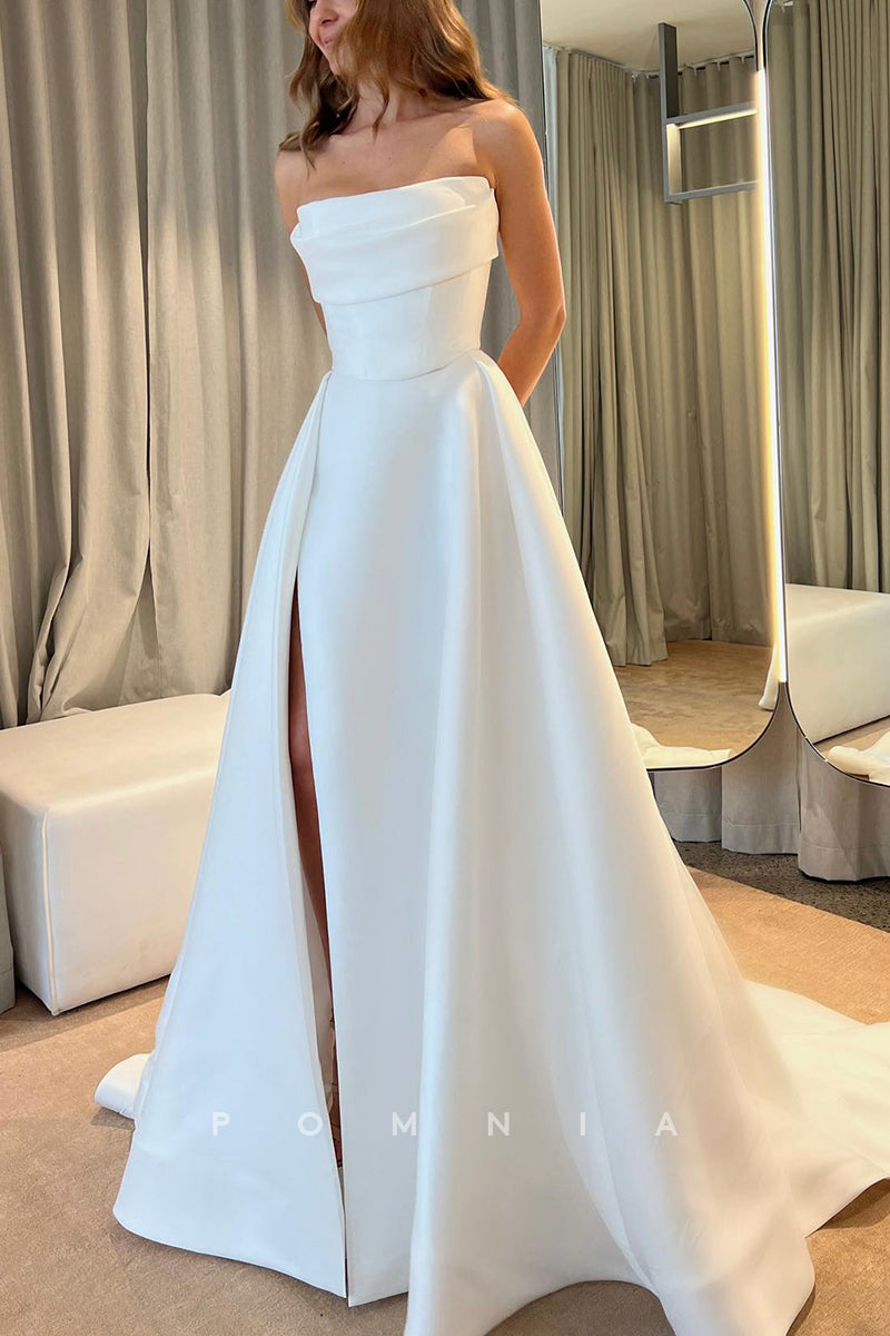 P3224 - A-Line Strapless Scoop Empire-Waist High Slit Long Beach Wedding Dress