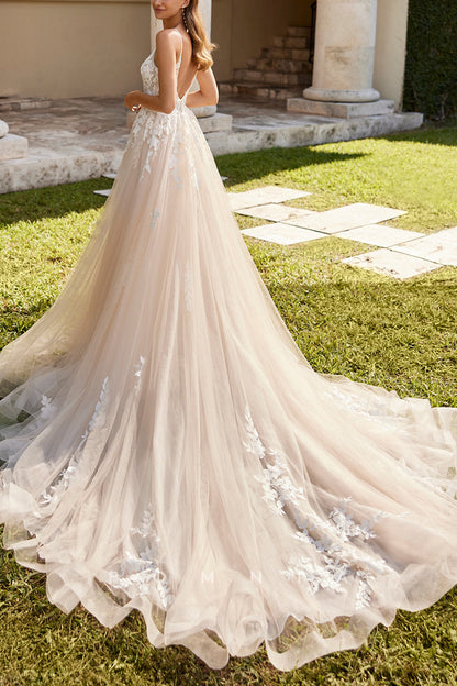 P3227 - A-Line Strapless V-Neck Lace Appliques Sleeveless Boho Wedding Dress