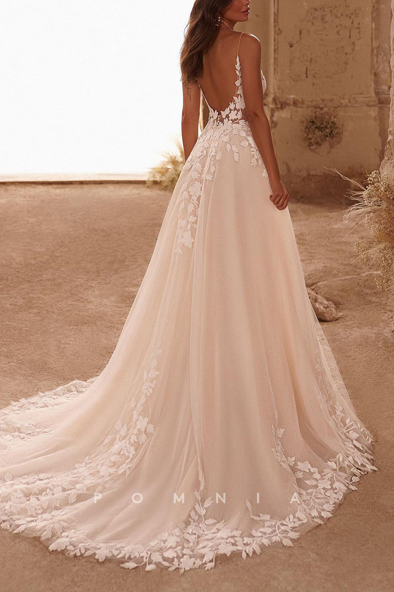 P3228 - A-Line Spaghetti Straps Empire-Waist V-Neck Lace Appliques Boho Wedding Dress