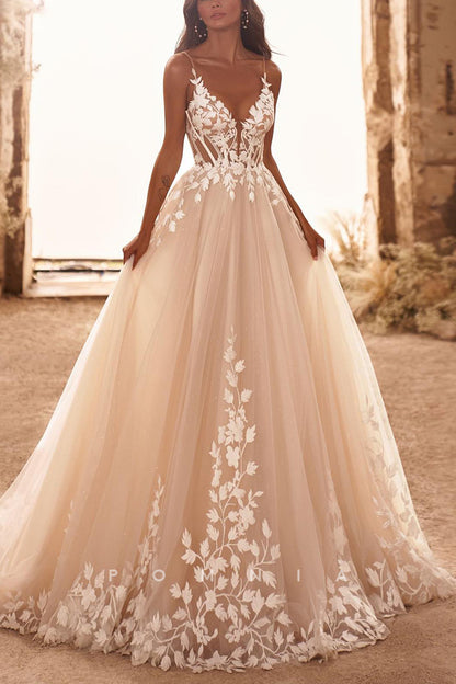 P3228 - A-Line Spaghetti Straps Empire-Waist V-Neck Lace Appliques Boho Wedding Dress