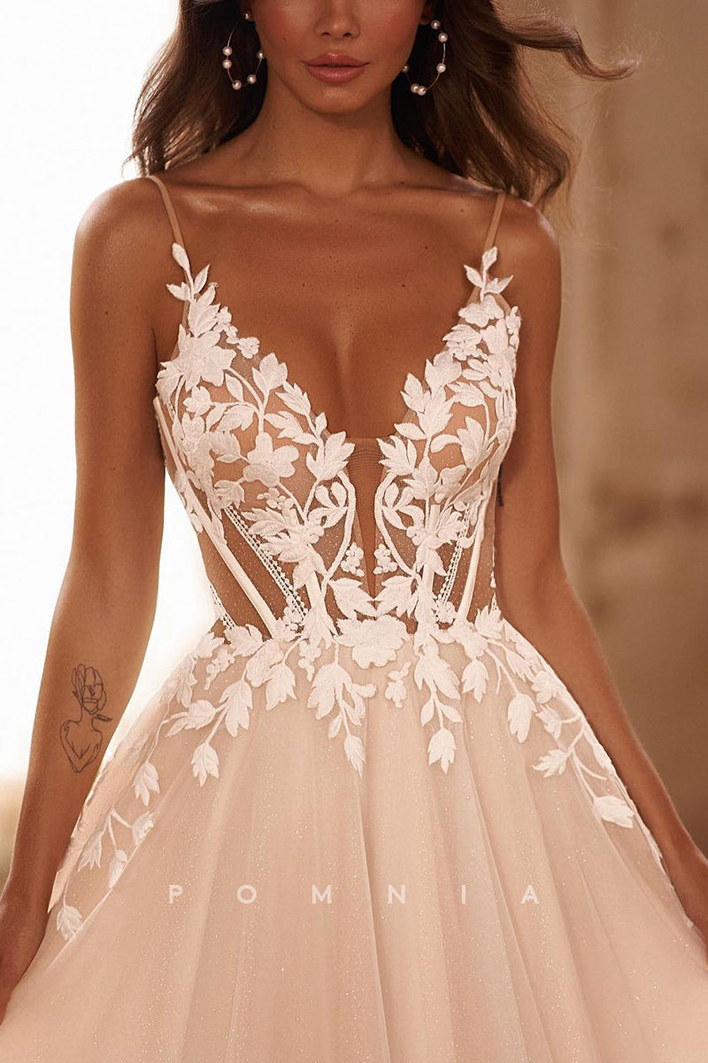 P3228 - A-Line Spaghetti Straps Empire-Waist V-Neck Lace Appliques Boho Wedding Dress