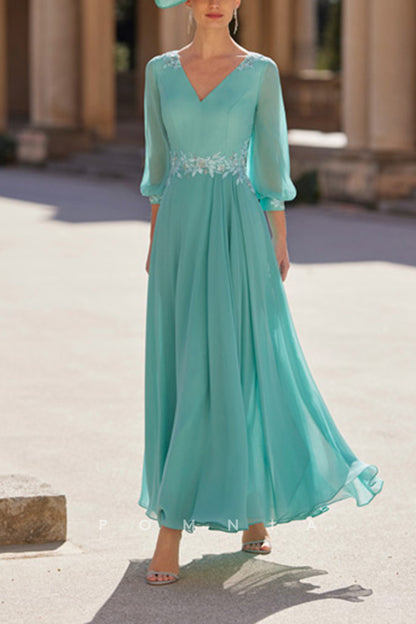 P9060 - A-Line V-Neck Long Sleeves Appliques Chiffon Mother of Bride Dress