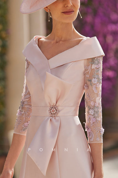 P9079 - Elegant Long Sleeves A-Line Empire-Waist Beaded Mother of Bride Dress