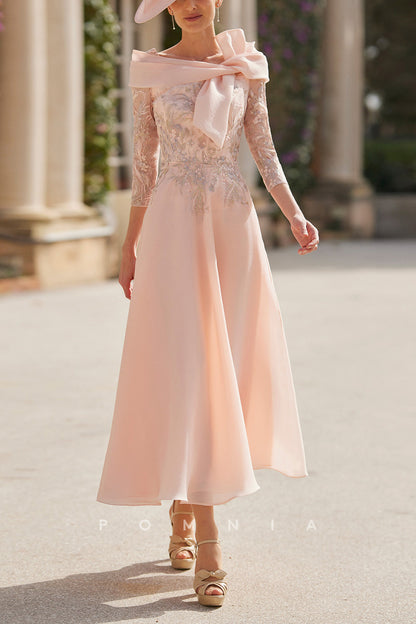 P9080 - A-Line Empire-Waist Appliques Long Sleeves Mother of Bride Dress