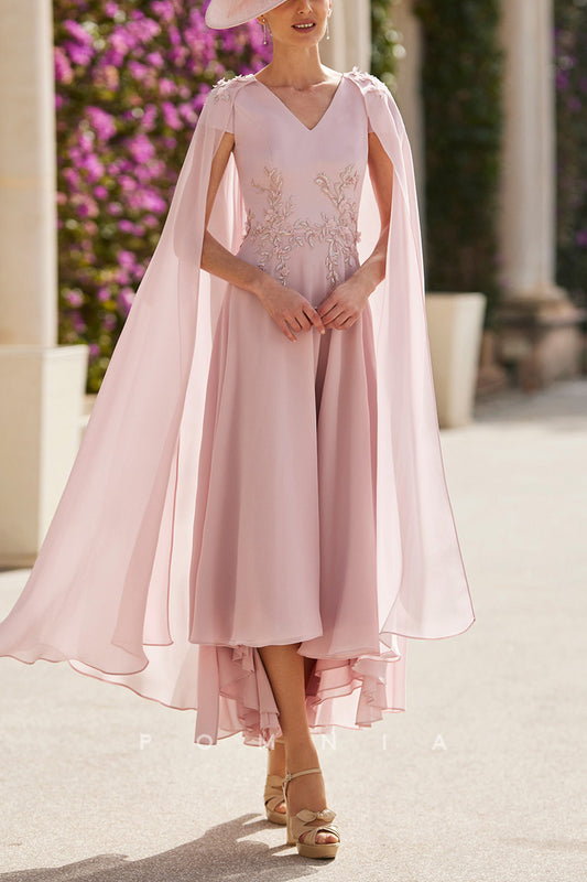 P9081 - A-Line V-Neck Appliques Ruched Chiffon Long Mother of Bride Dress