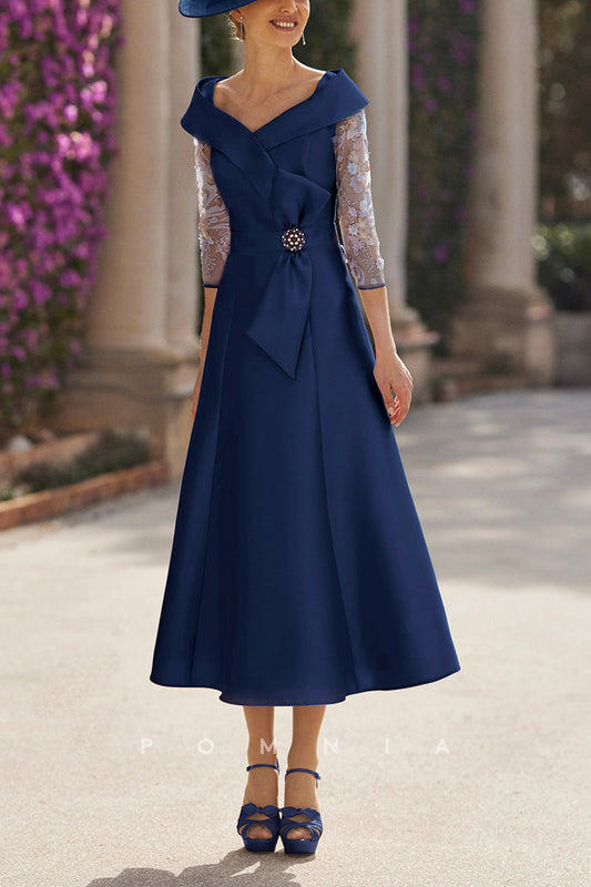 P9084 - Timeless V-Neck A-Line Empire-Waist Long Sleeves Long Mother of Bride Dress