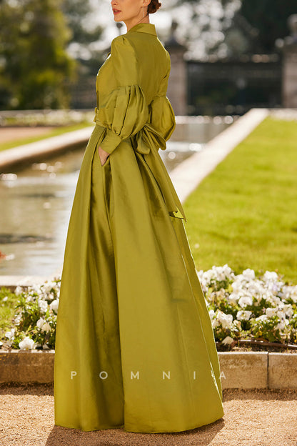 P9090 - A-Line Empire-Waist Long Sleeves Satin Pleated Long Mother of Bride Dress