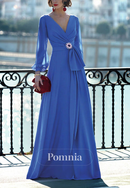P9164 - A-Line V-Neck Long Sleeves Pleated Long Cocktail Dress Wedding Guest Dress