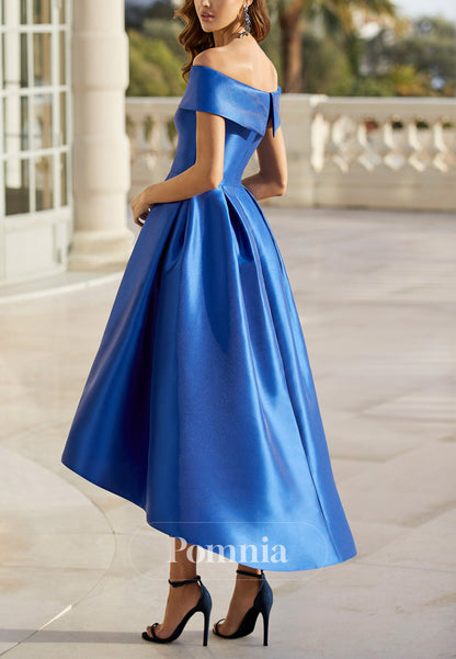 P9179 - A-Line Strapless Cap Sleeves Pleated Satin Cocktail Dress Wedding Guest Dress