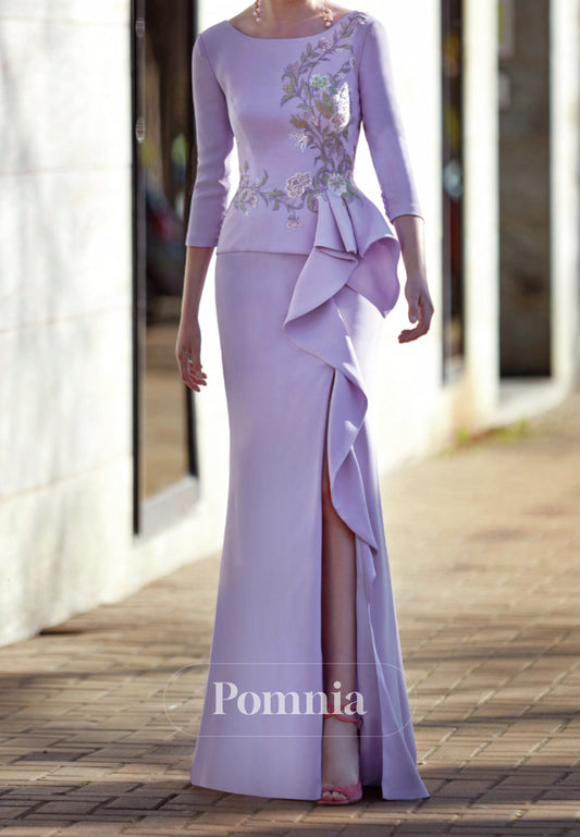 P9180 - Mermaid Scoop Long Sleeves Appliques Cocktail Dress Wedding Guest Dress with Slit