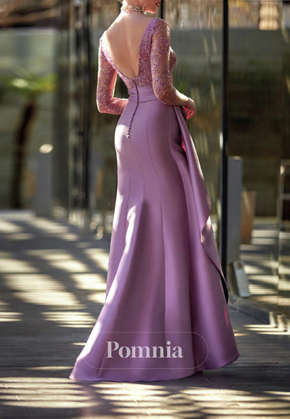 P9189 - Mermaid Appliques Long Sleeves Pleated Long Cocktail Dress Wedding Guest Dress