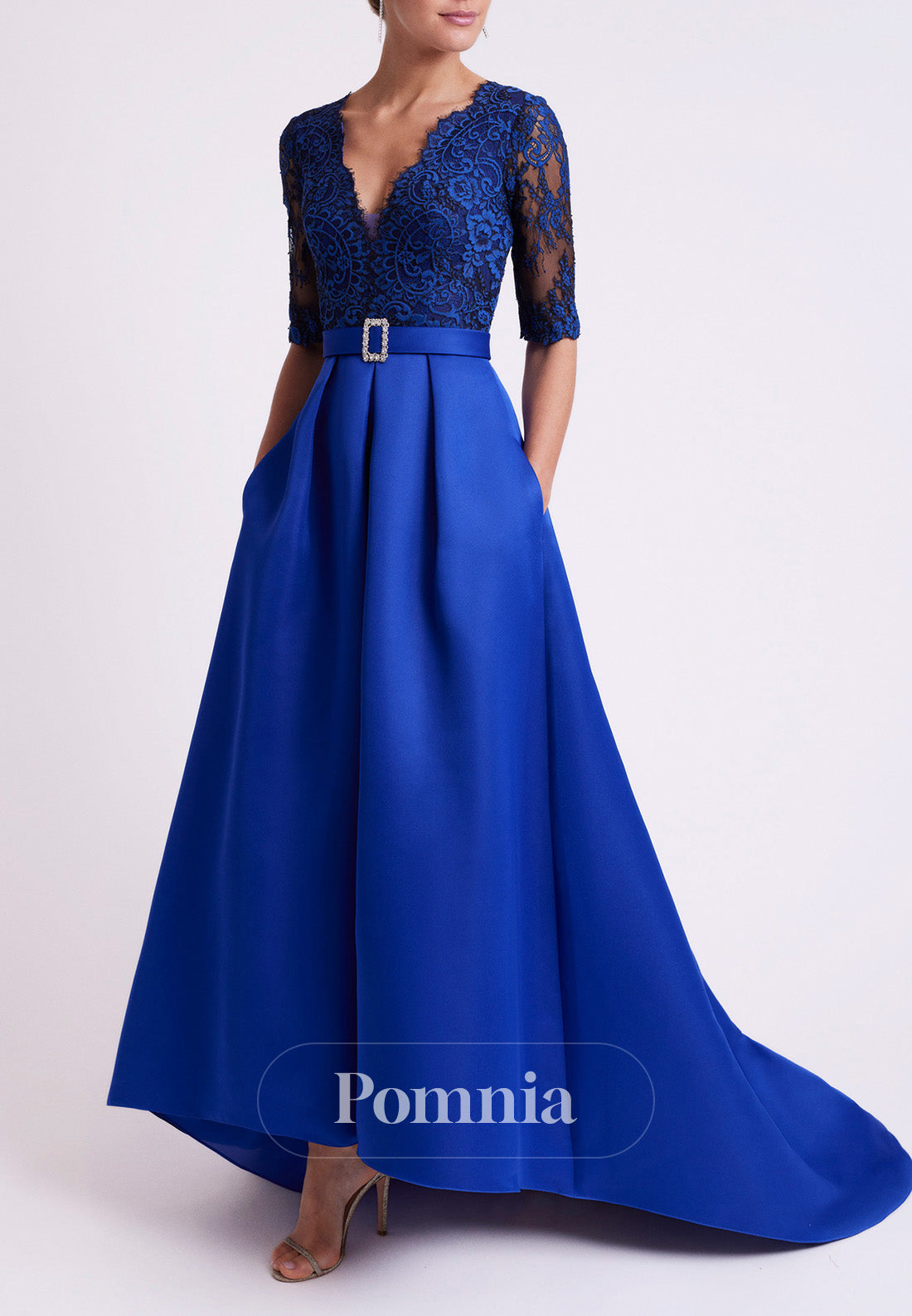 P9192 - A-Line Empire-Waist V-Neck Appliques Belt Long Cocktail Dress Wedding Guest Dress